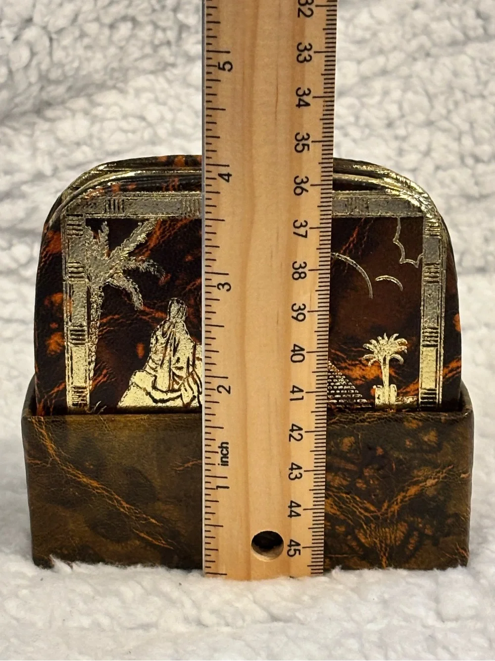 Vintage Egyptian Camel & Pyramid Coaster Set of 6 with Faux Leather Holder